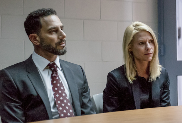 Patrick Sabongui as Reda Kazem and Claire Danes as Carrie "barely controlling her cry face" Mathison on Homeland.