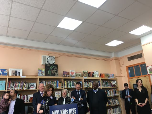 Media and Entertainment Commissioner Julie Menin, Chancellor Carmen Fariña and Deputy Mayor of Strategic Initiatives Richard Buery launch the NYC Child Savings Account initiative at PS 171 in Queens.