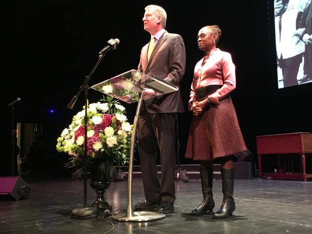Mayor Bill de Blasio and First Lady Chirlane McCray speak at a Dr. Martin Luther King celebration at the Brooklyn Academy of Music.
