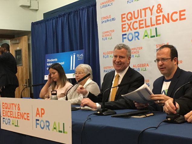 Mayor Bill de Blasio and City Schools Chancellor Carmen Farina providing an update on the city's Advanced Placement for All initiative at the Young Women's Leadership School of Astoria.