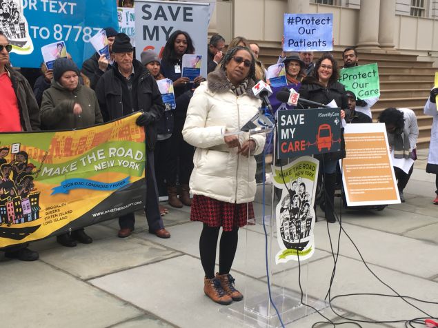 Dr. Herminia Palacio, Mayor Bill de Blasio's Deputy Mayor of Health and Human Services, speaks at a Make the Road New York rally against the repeal of the Affordable Care Act in front of City Hall.