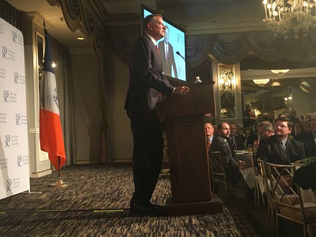 Mayor Bill de Blasio speaks at the New York Building Congress' annual meeting at The Pierre Hotel.