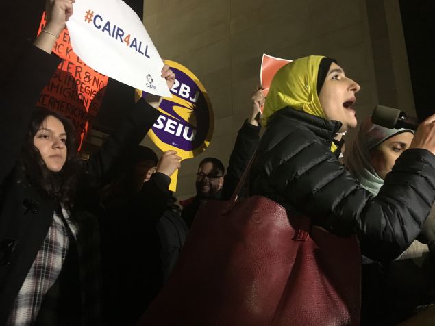 Arab-American activist Linda Sarsour and other activists at CAIR-NY's emergency rally against President Donald Trump's Muslim travel ban.