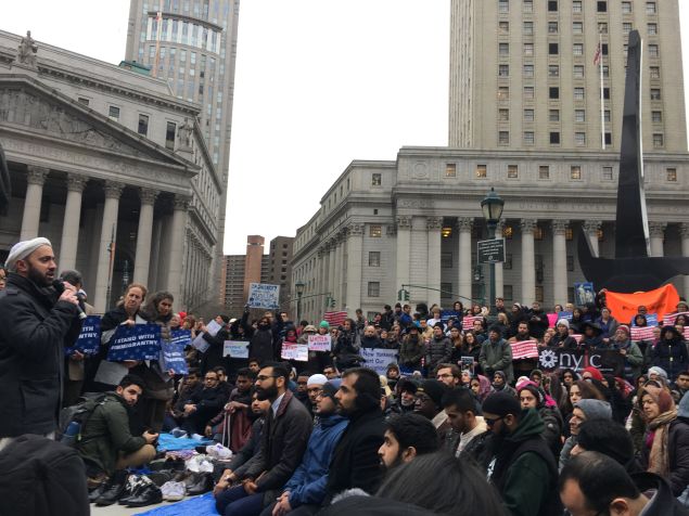 Khalid Latif, executive director and chaplain for the Islamic Center at New York University, addresses the crowd before the Jummah prayer.