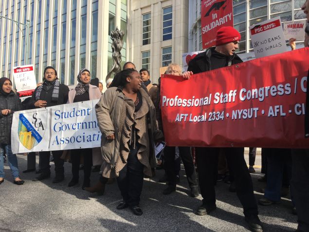 Students and advocates protest President Donald Trump's Muslim travel ban outside the United States Courthouse at 225 Cadman Plaza in Brooklyn.