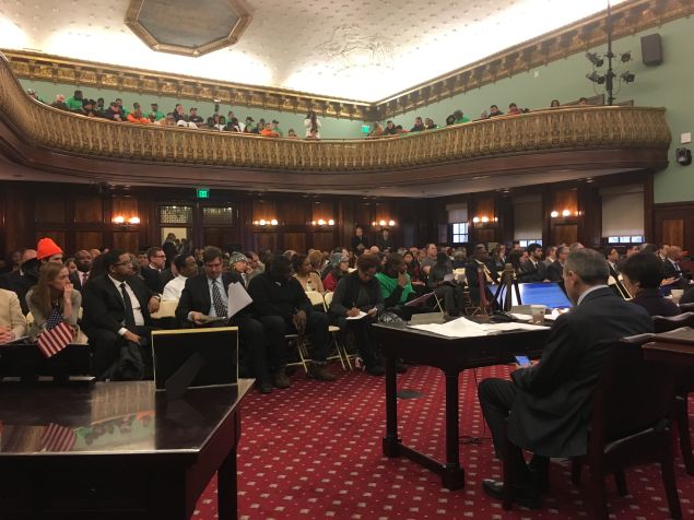 Construction workers at a City Council hearing on a package of construction safety bills.