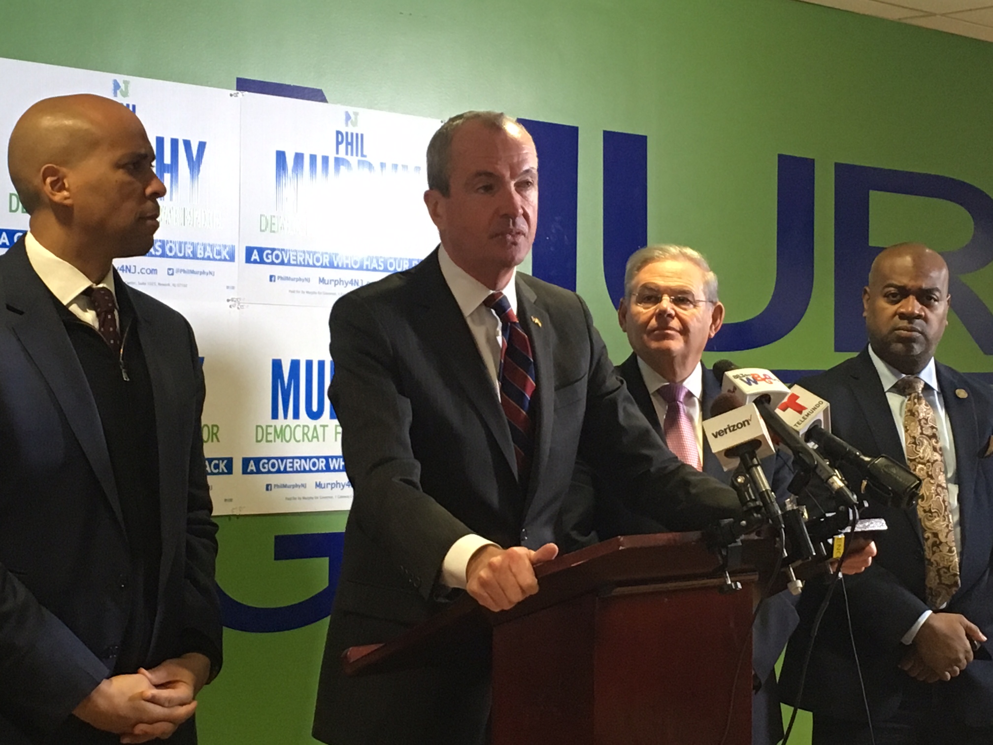 From left: Senator Cory Booker, gubernatorial candidate Phil Murphy, Sentor Bob Menendez and Newark Mayor Ras Baraka.