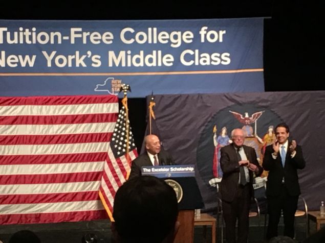 Vermont Sen. Bernie Sanders and Gov. Andrew Cuomo announced a proposal to make college tuition-free for New York's middle class at LaGuardia Community College in Queens.