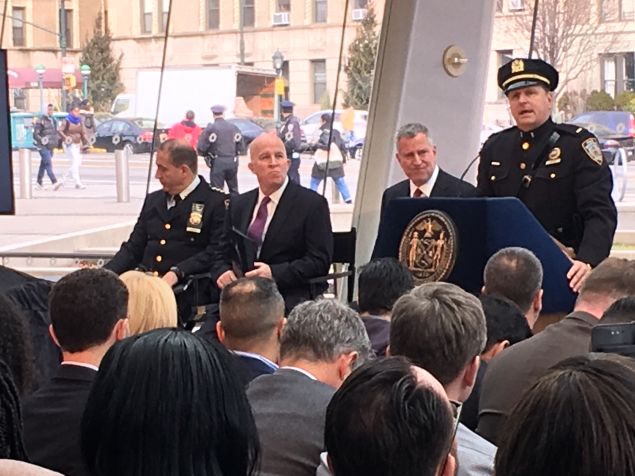 Mayor Bill de Blasio and Police Commissioner James O'Neill at a press conference at the Brooklyn Museum touting historic lows in overall crime last year.