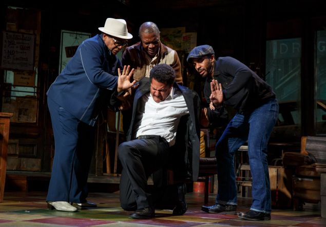 Harvy Blanks, Michael Potts, Brandon J. Dirden (kneeling in white) and Andre Holland in Jitney.
