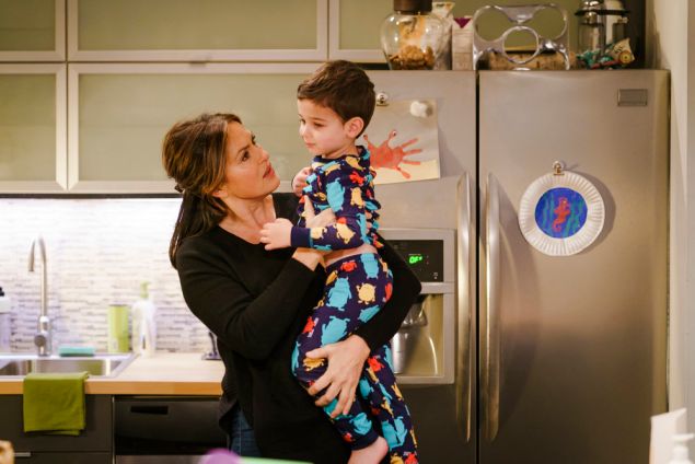Mariska Hargitay as Lieutenant Olivia Benson and Jack Nawada-Braunwart as Noah Benson.