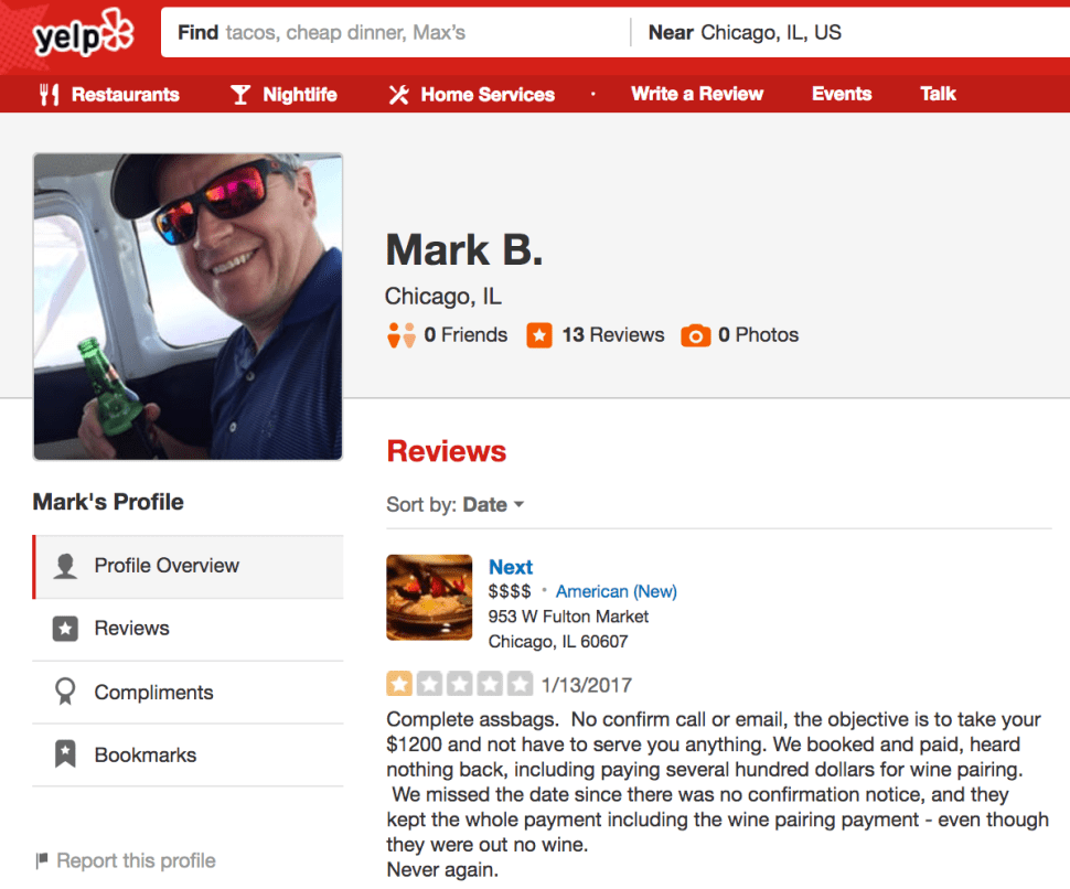 Investment banker Mark Brady took Chicago hotspot Next to task on Yelp.