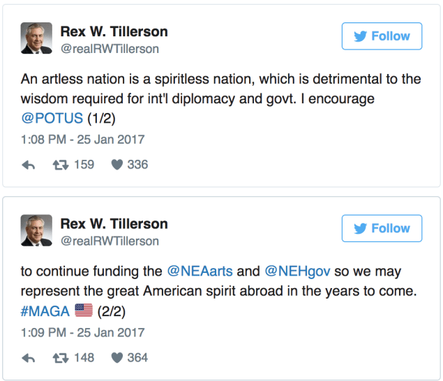 From Rex Tillerson's (currently suspended) Twitter account
