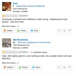 Brady takes two other businesses to task on Yelp.