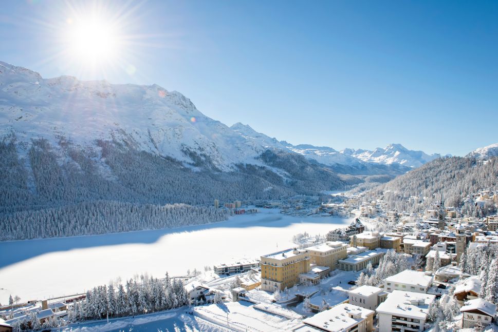 The Kulm Hotel overlooking a frozen Lake St. Moritz.