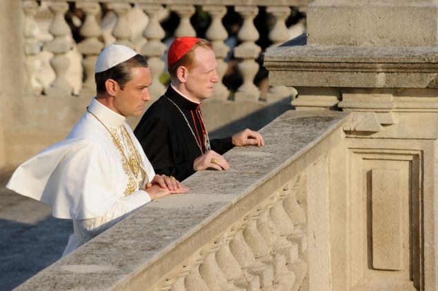 Jude Law as Lenny Belardo and Scott Shepherd as Cardinal Dussolier.