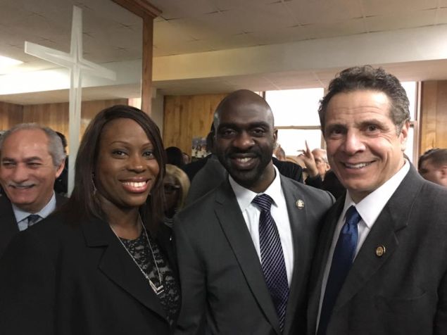 Bronx Councilwoman Vanessa Gibson, Bronx Assemblyman Michael Blake and Gov. Andrew Cuomo.