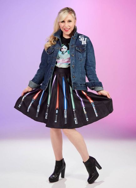 Wear the fashion of the Force with the Star Wars "May The Force Be With You" denim jacket, Self-Rescuing Princess Tee and Lightsaber Skirt.