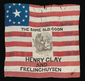 This banner, commemorating the vice presidential candidacy of Theodore Frelinghuysen in 1944 hangs in the office of his great great great nephew Rodney Frelinghuysen.