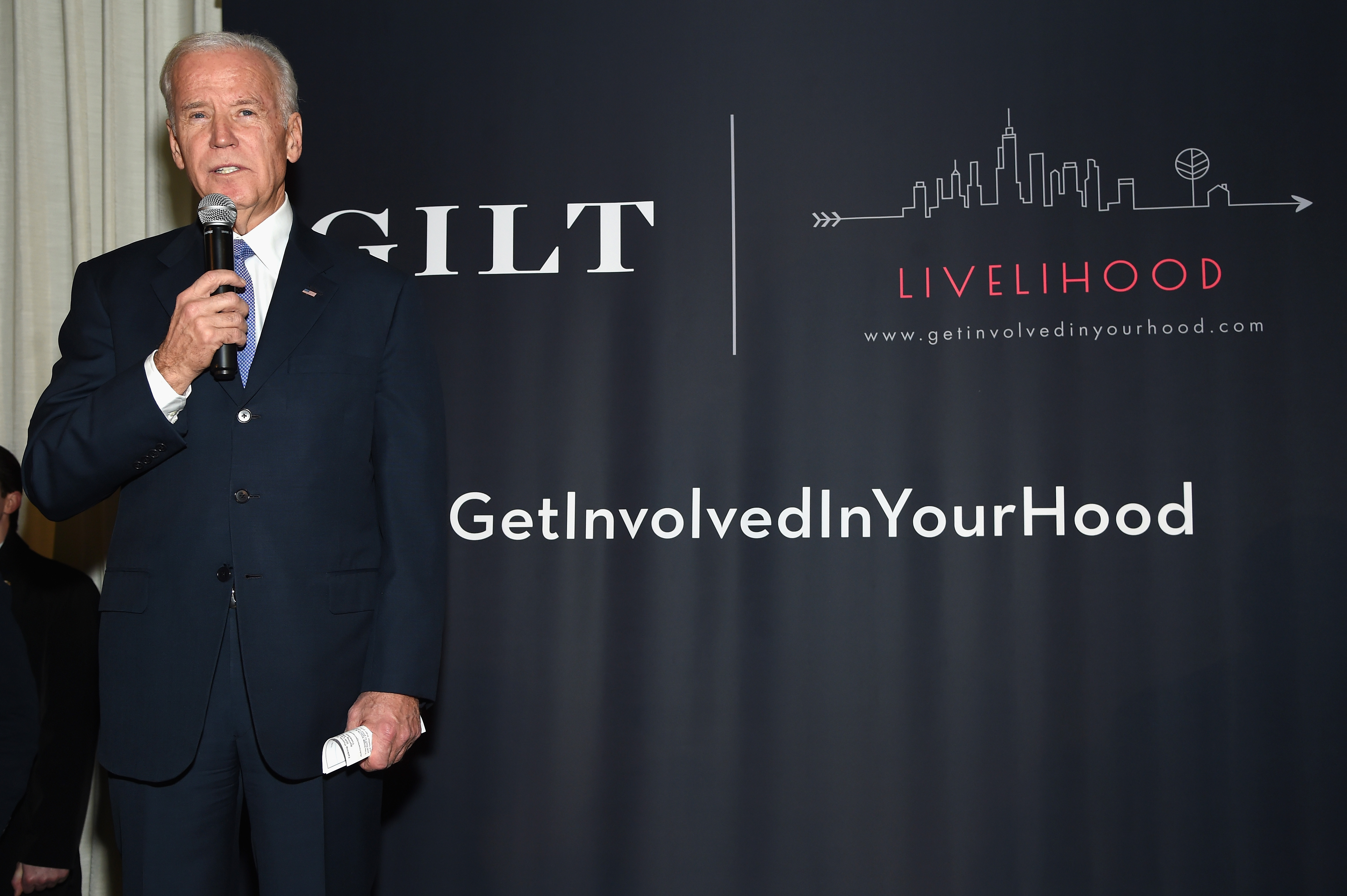 Vice President Joe Biden speaks onstage at the GILT and Ashley Biden celebration of the launch of exclusive Livelihood Collection at Spring Place on February 7, 2017 in New York City. 