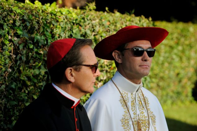 Sebastian Roché as Cardinal Michel Marivaux and Jude Law as Lenny Belardo.