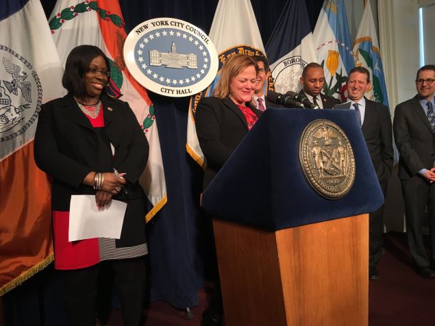 City Council Speaker Melissa Mark-Viverito speaking at her monthly pre-stated meeting.