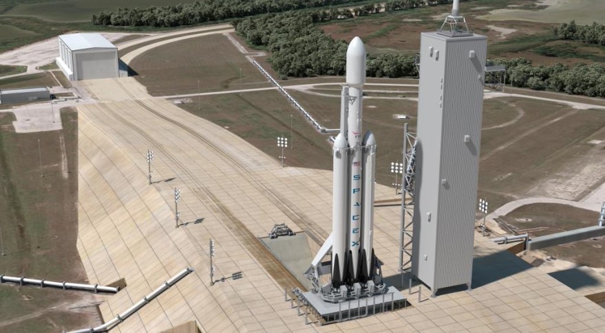 A concept of the upcoming SpaceX Falcon Heavy rocket at Launch Complex 39A
