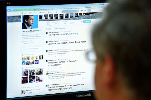 A man looks at the computer screen with a page of Russian Prime Minister Dmitry Medvedev in Twitter in Moscow on August 14, 2014. Hackers broke into Medvedev's Twitter account on Thursday, tweeting his resignation and criticising President Vladimir Putin. "Microblog of the Premier in " Twitter " hacked, recent reports are not true," the press service of the Cabinet told Russian "Interfax" news agency. AFP PHOTO / YURI KADOBNOV (Photo credit should read YURI KADOBNOV/AFP/Getty Images)