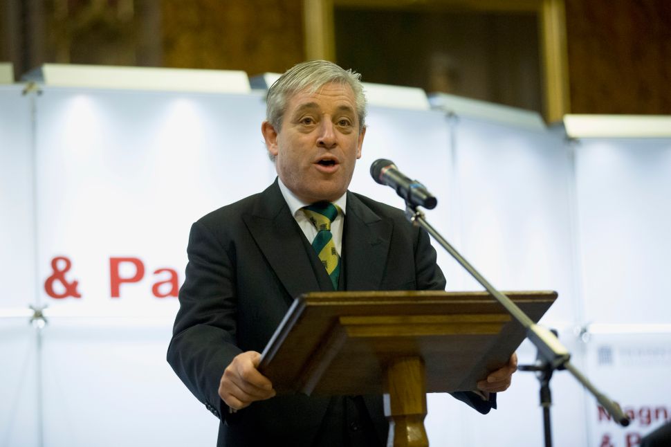 LONDON, UNITED KINGDOM - FEBRUARY 05: John Bercow, the Speaker of the House of Commons, makes an address during the opening ceremony for the four surviving original parchment engrossments of the 1215 Magna Carta going on display to mark the 800th anniversary of the sealing of Magna Carta at Runnymede in 1215, at the Houses of Parliament on February 5, 2015 in London, United Kingdom. The four original copies of the charter have been put on display together for one day on Thursday for the opening of the exhibition "Magna Carta and Parliament" which runs during February. The Magna Carta established the timeless principle that no individual, even a monarch, is above the law. In 1215, 40 rebellious barons came together to declare their rights to King John, and he reluctantly consented to their demands in an attempt to avoid civil war.