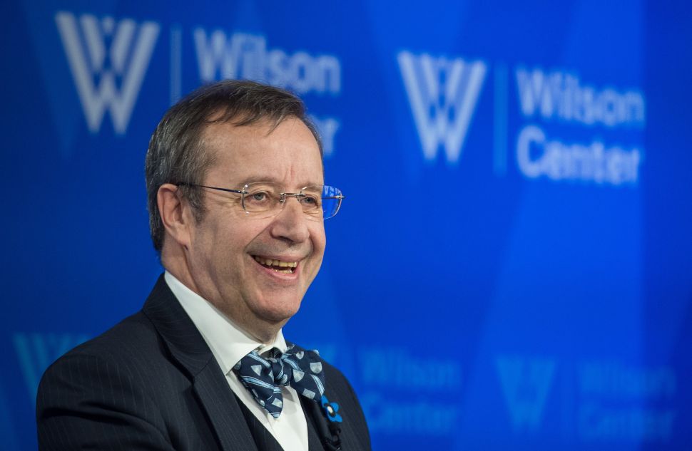 Estonian President Toomas Ilves speaks at a talk entitled "The Estonia Model: Why a Free and Secure Internet Matter "at the Wilson Center in Washington, DC, on April 21, 2015. AFP PHOTO/NICHOLAS KAMM (Photo credit should read