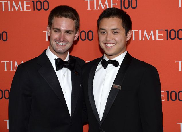 Snapchat co-founders Evan Spiegel and Bobby Murphy attends the Time 100 Gala, April 29, 2014 in New York.