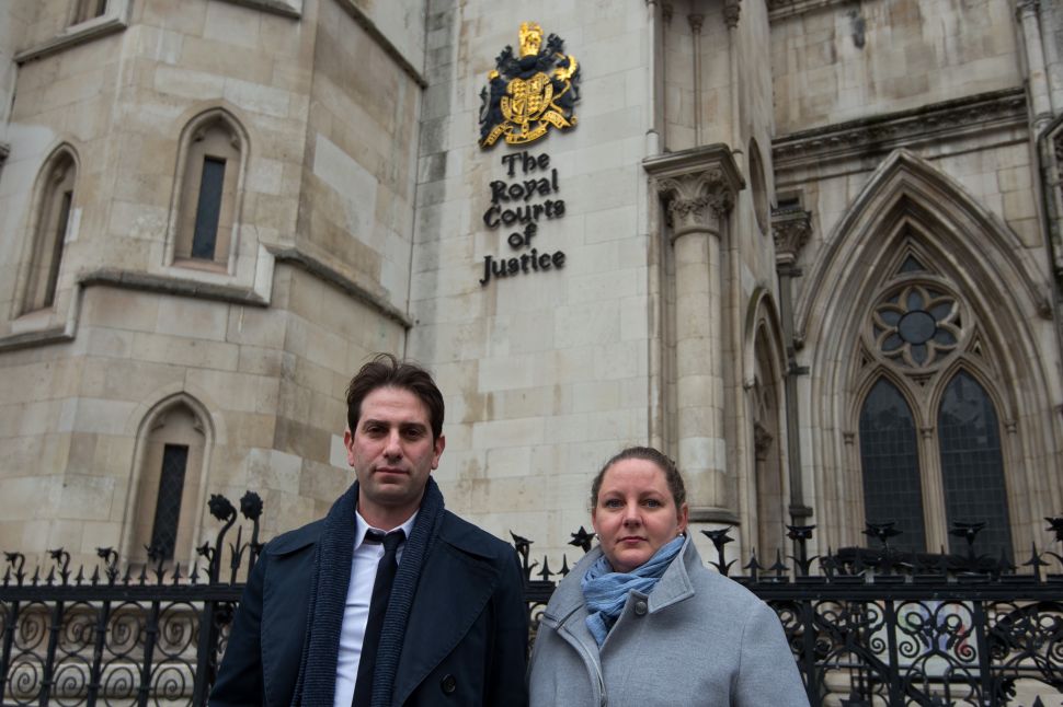 Charles Keidan and Rebecca Steinfeld depart the High Court.