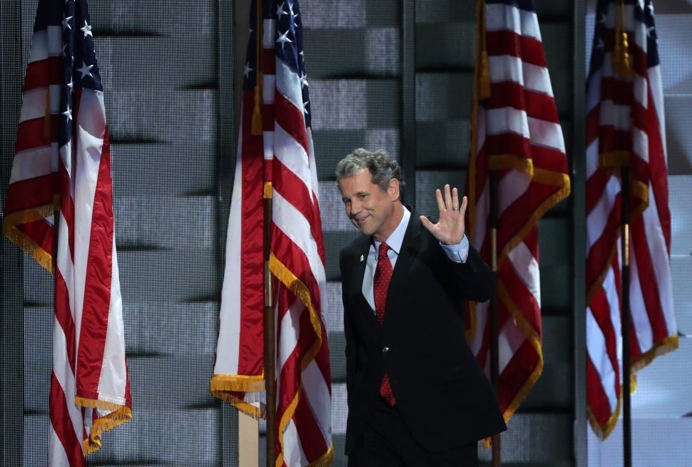 Sen. Sherrod Brown arrives on stage to deliver remarks at the Democratic National Convention in 2016.