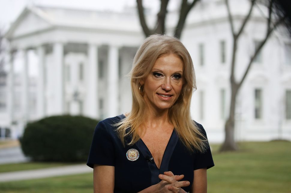 WASHINGTON, DC - JANUARY 22: Counselor to President, Kellyanne Conway, prepares to appear on the Sunday morning show Meet The Press, from the north lawn at the White House, January 22, 2017 in Washington, DC. Conway discussed President Trump's recent visit to the CIA and White House Press Secretary Sean Spicer's first statement.