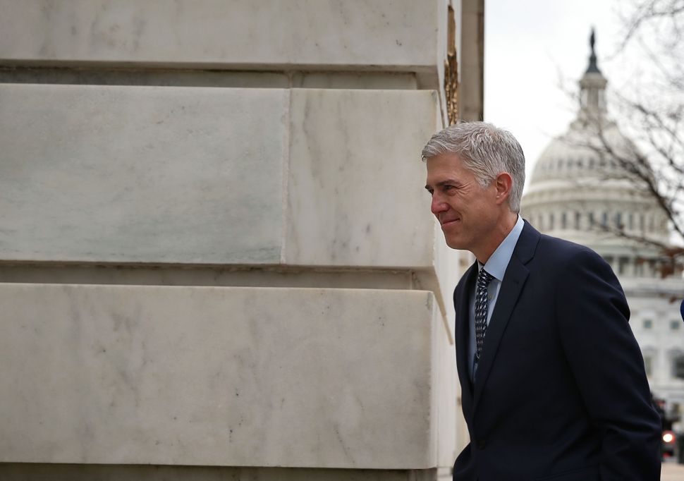 WASHINGTON, DC - FEBRUARY 02: U.S. Supreme Court nominee Judge Neil Gorsuch arrives for meetings with Senate members on Capitol Hill February 2, 2017 in Washington, DC. President Donald Trump nominated Judge Gorsuch to the Supreme Court to fill the seat that was left vacant with the death of Associate Justice Antonin Scalia in February 2016. 