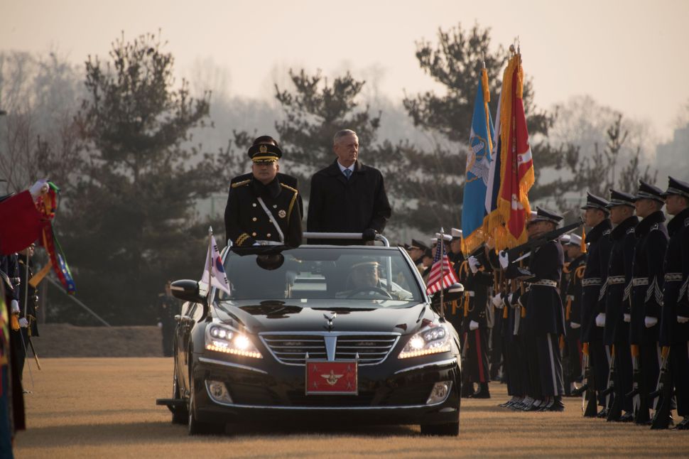 US Defense Secretary James Mattis attends an honour guard ceremony with his South Korean counterpart Han Min-Koo at the Defense Ministry in Seoul on February 3, 2017.