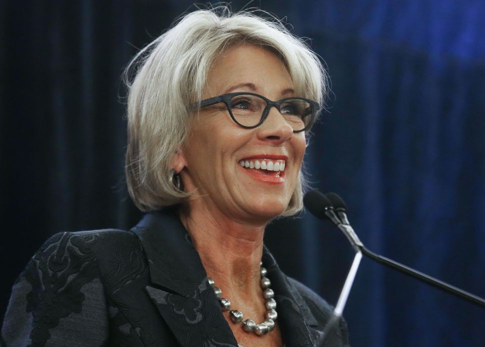 WASHINGTON, DC - FEBRUARY 15: Education Secretary Betsy DeVos speaks at the Magnet Schools Of America Conference on February 15, 2017 in Washington, DC. DeVos addressed a recent protest at a public school she visited in Washington, DC last week following her controversial nomination to the post by President Donald Trump. 