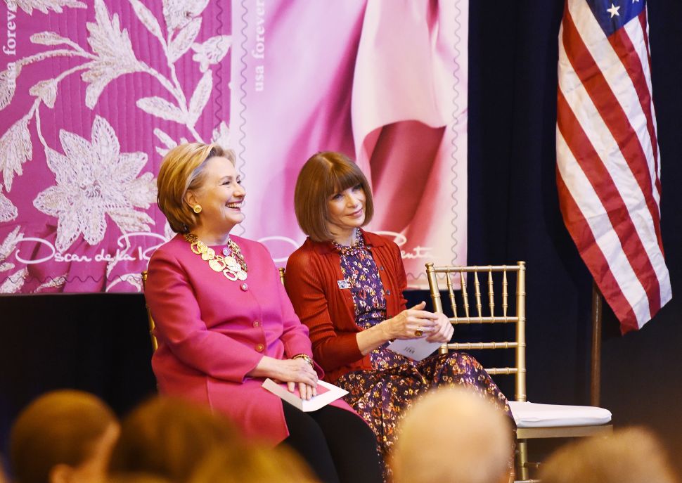 Hillary Clinton and Editor-in-Chief of Vogue Magazine Anna Wintour attend the Oscar de la Renta Forever Stamp First-Day-Of-Issue Stamp Dedication Ceremony on February 16, 2017.