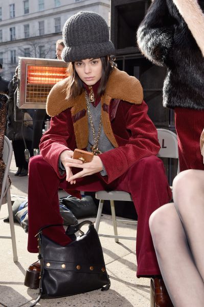 Kendall Jenner in a corduroy suit.