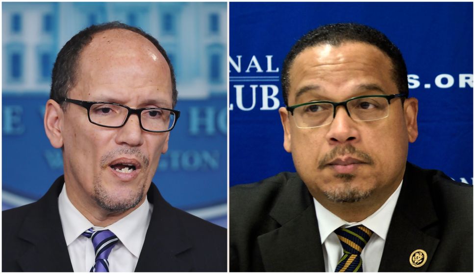 (FILES): These two file photos show then Labor Secretary Thomas Perez (L) speaking to reporters about the minimum wage for federal contractors at the White House in Washington, DC, on Feburary 12, 2014; and Minnesota Democratic Congressman Keith Ellison (R) during a press conference about Islamophobia at the National Press Club on May 24, 2016 in Washington, DC. US Democrats, licking their wounds from last year's election debacle, will pick a new leader on February 25, 2017 to take the fight to President Donald Trump and his Republicans. The race to chair the Democratic National Committee (DNC) features front-runners Tom Perez, a Hispanic-American and former secretary of labor under Barack Obama who is the establishment pick, and Keith Ellison, a black Muslim congressman from the party's progressive wing who has left open the prospect of pushing to impeach Trump. / AFP / Mandel NGAN AND Brendan SMIALOWSKI (Photo credit should read MANDEL NGAN,BRENDAN SMIALOWSKI/AFP/Getty Images)