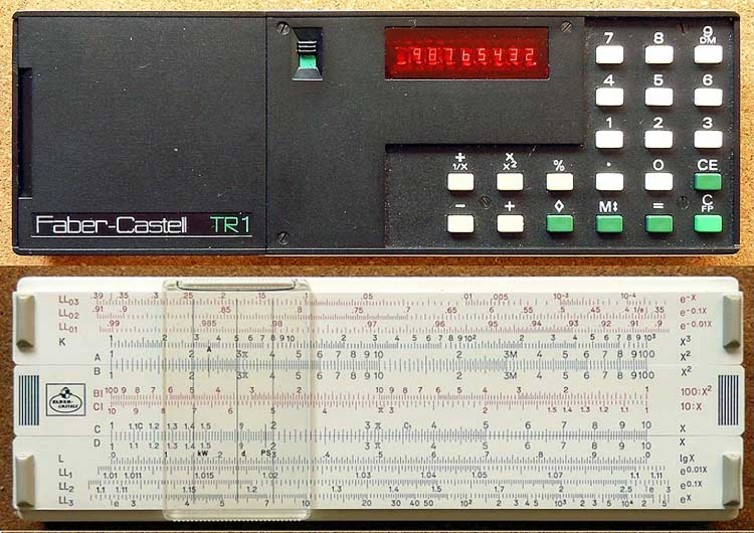 A Faber-Castell TR1 calculator, with accompanying slide rule.