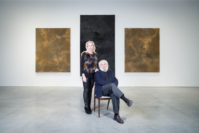Marianne Boesky and Pier Paolo Calzolari photographed in front of Untitled (Three felts) at Marianne Boesky Gallery on 10 February 2017.