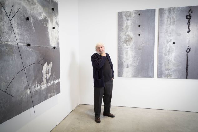Pier Paolo Calzolari photographed in front of his work at Marianne Boesky Gallery on 10 February 2017.
