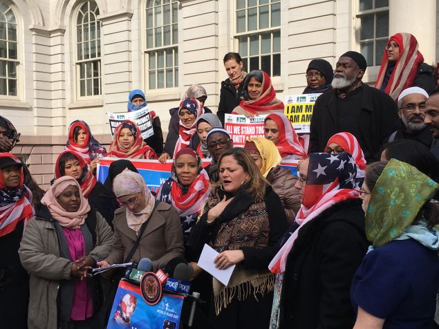 City Council Speaker Melissa Mark-Viverito praised the contributions of Muslim women at the annual World Hijab Day celebration in front of City Hall today.
