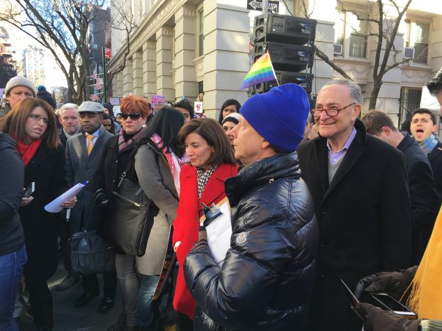 Elected officials and advocates at an LGBT solidarity rally against President Donald Trump's executive orders at the Stonewall National Monument.