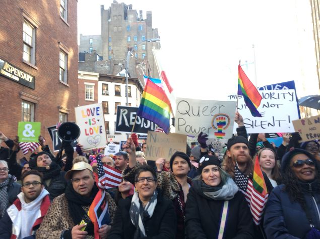 Thousands of New Yorkers participated in an LGBT solidarity rally at the Stonewall National Monument against President Donald Trump's executive orders.