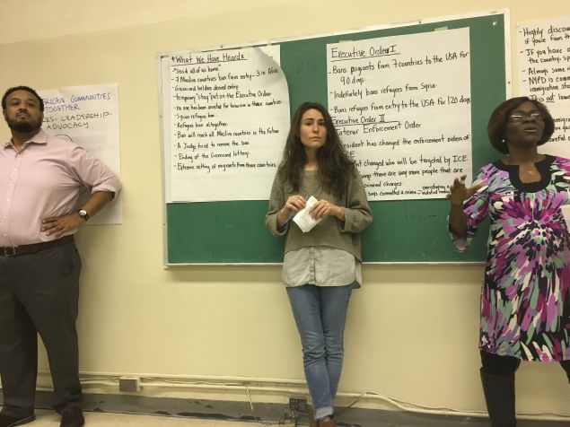 Left to right: Amaha Kass of African Communities Together's founder and executive director; Melanie Zuch of the Urban Justice Center; and Akinde Kodjo-Sanogo, ACT's lead community organizer.