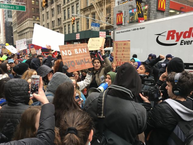 Student activist Hebh Jamal, who organized a high school student rally against Donald Trump, rallying her peers in front of 26 Federal Plaza.