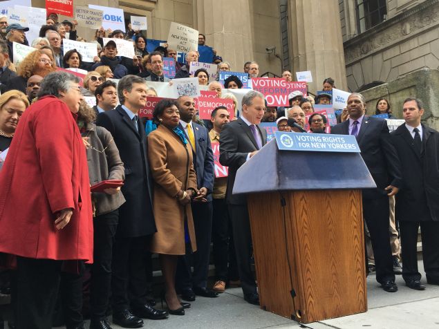 New York Attorney General Eric Schneiderman announced the New York Votes Act today at Federal Hall.