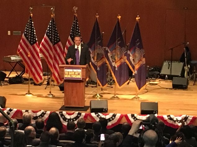 Gov. Andrew Cuomo speaks at 1199SEIU healthcare rally in the Bronx.